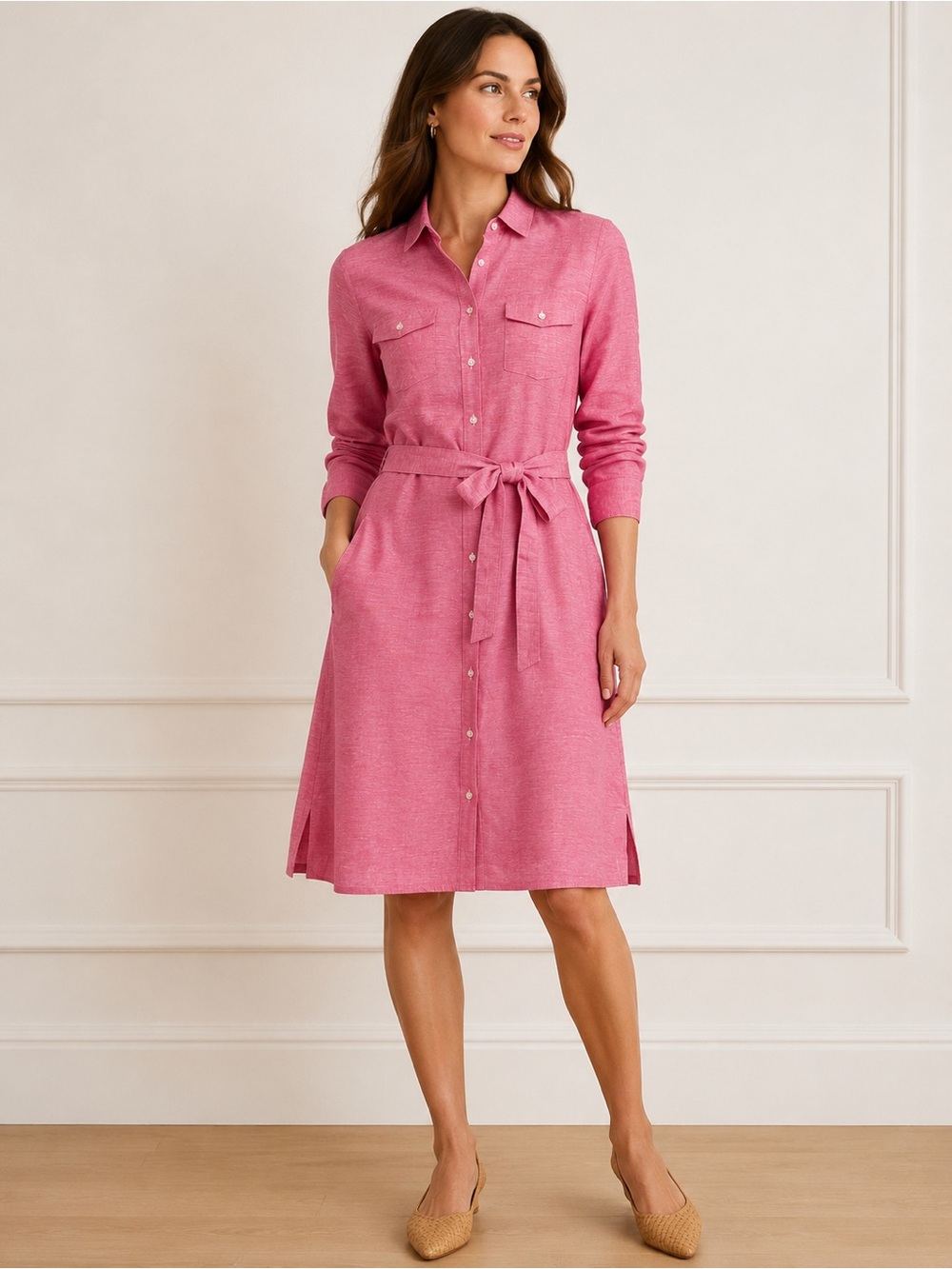 Brooks Brothers 346 Pink Red Linen Blend Belted Shirt Dress Size 10 NWOT Classic